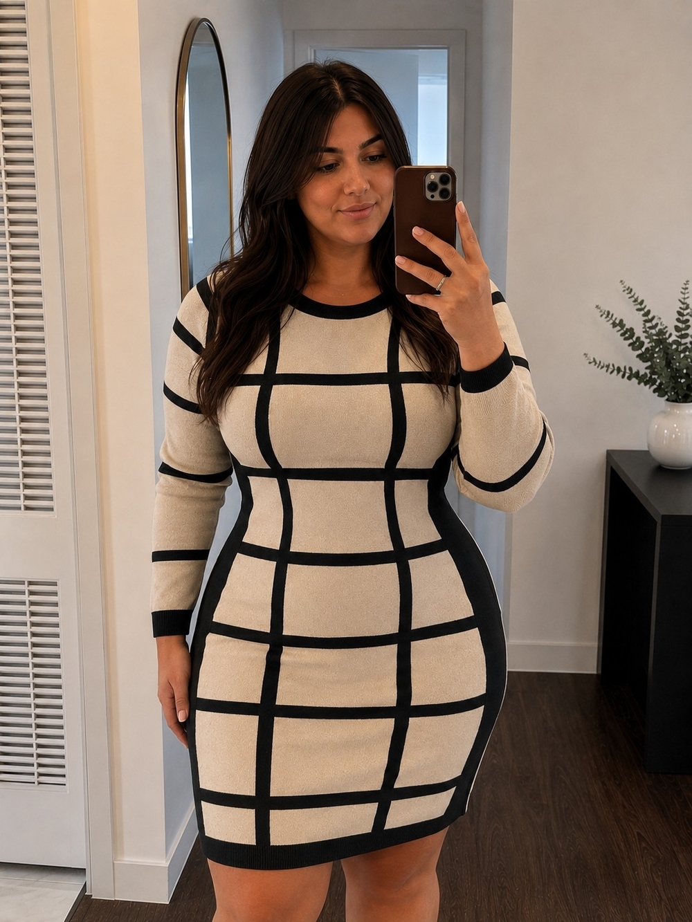 Maison Tara Women's 3/4 Sleeve Graphic Grid Pattern Sweater Dress sz L